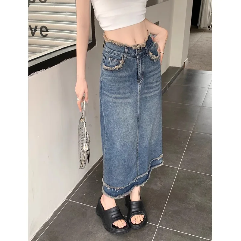 Fashion fringed denim skirt women's 2025 new four season high waist, hip hugging, mid length, slimming A-line skirt