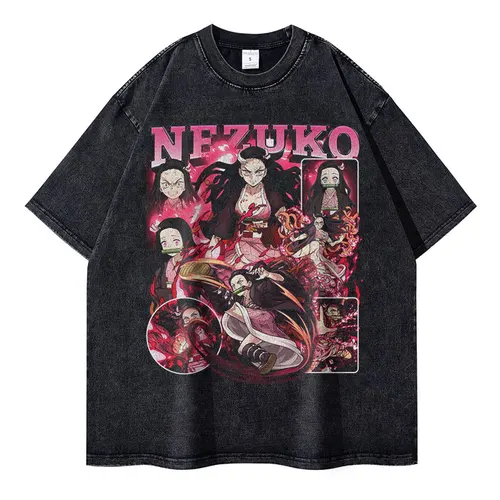 Imagen 1 del producto Nezuko-camisetas Vintage lavadas para hombre, camisa de Anime de Kimetsu No Yaiba, de gran tamaño, de manga corta, Demon Slayer, Mitsuri, Tokitou