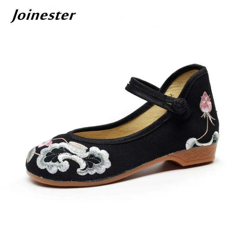 Ethnic Embroidery Mary Jane Dancing Shoe for Women Round Toe Low Heel Female Pumps Ankle Strap Fabric Spring Dress Loafers
