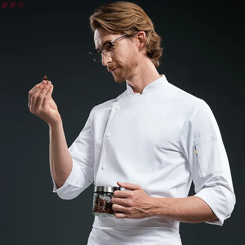 زي عمل طاه الفندق بأكمام طويلة للمطاعم الغربية، قميص أبيض لطهاة الفنادق، ملابس عمل عصرية بصدر واحد