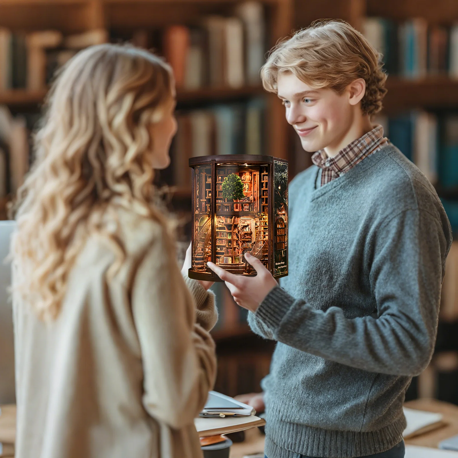 OUZEY ชุด DIY บ้านหนังสือไม้ 3 มิติ - “Tree Ring Lodge” ชุดตัวต่อจิ๋ว ตกแต่งบ้านตุ๊กตาธีมบ้านพักตากอากาศ และของขวัญ