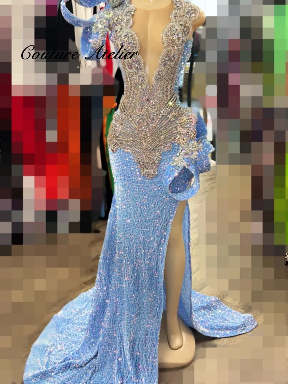 

Ice Princess Blue Sequin Rhinestone Prom Dress For Blackgirls Mermaid Dresses For Special Occasions Party Gowns Customized