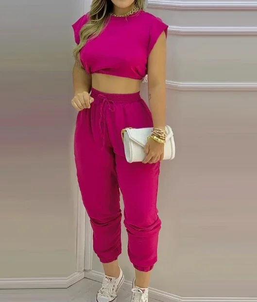 Fashion 2 Piece Set Women Outfit 2024 Summer Rose Red Casual Backless Lace Up Crop Top & High Waist Pocket Cuffed Pants Suits