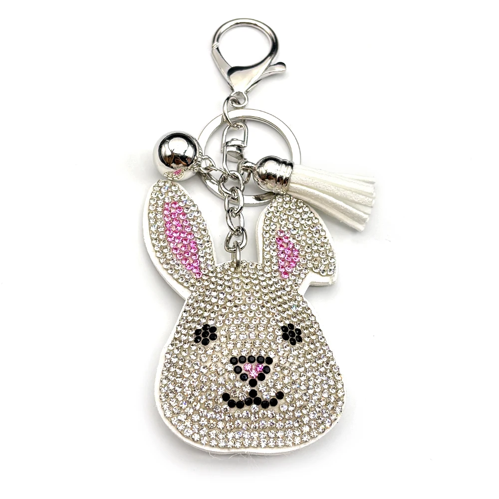 Kleiner weißer Hase, schöner Schlüsselanhänger für Damen und Herren, voller Kristallquasten, für Kinder, Rucksack, hängender Schlüsselanhänger, Schmuckzubehör – Detail 8