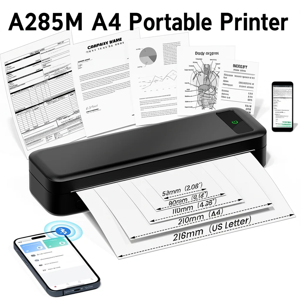 Portable A285M Printer Inkless Printer Thermal Printer Bluetooth Wireless Support A4 Paper Conpatible with PC/Mobile