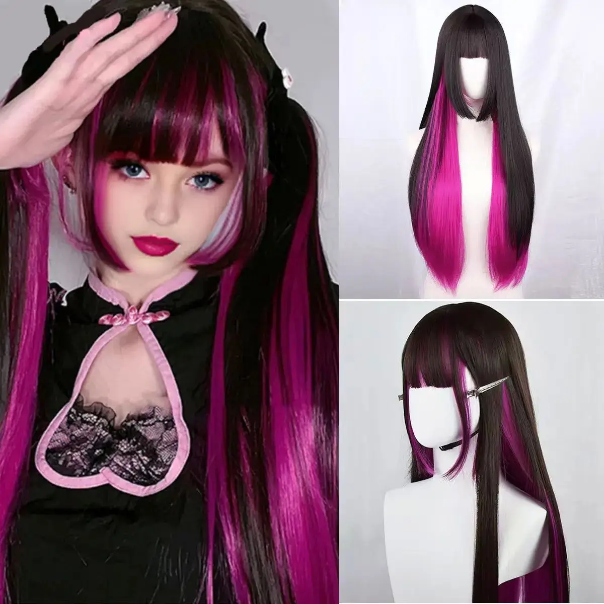 

30 Inch Long Straight Synthetic Lolita Princess Cut Wig Ombre Purple Red Black Cosplay Party Halloween Harajuku Wig heat-resista