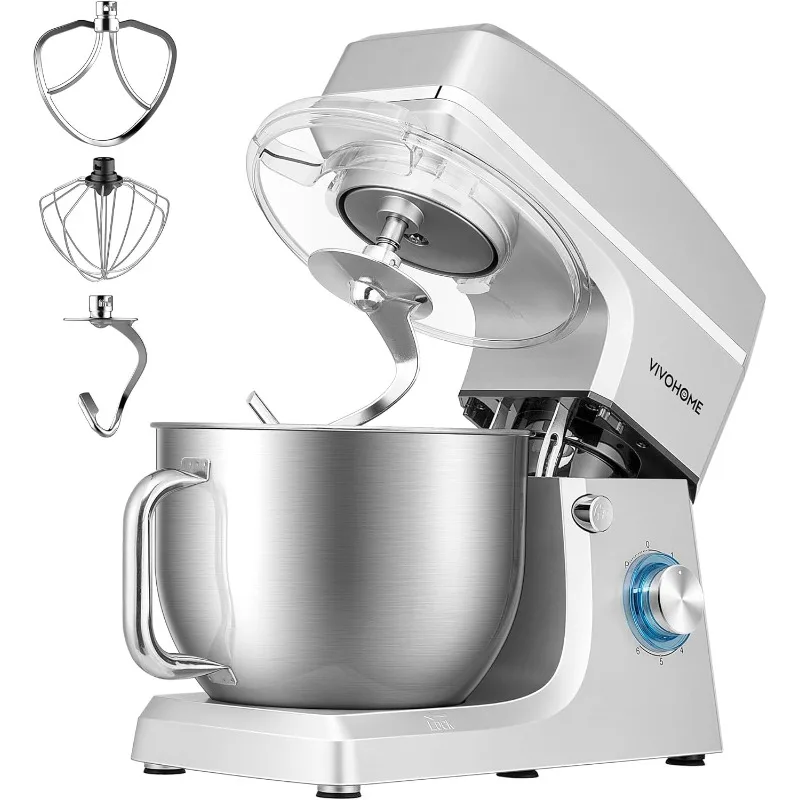 VIVOHOME 7.5 Quart Stand Mixer, 660W 6-Speed Tilt-Head Electric Food Mixer w/ Beater,Dough Hook,Wire Whip & Egg Separator,Silver