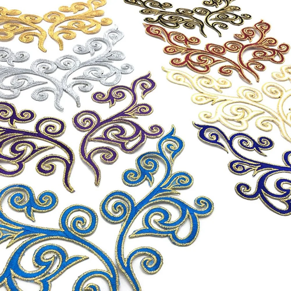 1 Pair Embroidery Golden Thread Flower Patches Fabric Bride Wedding Dress Bags DIY Accessories Sewing Repair