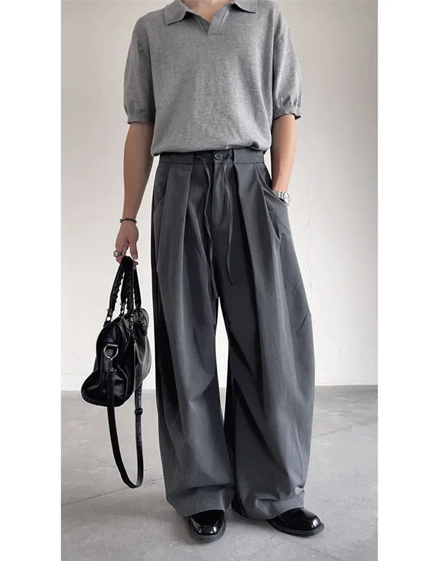 

TANGZ Studio American ey Suit Pants Men's Live Fold Design Knife Dstring Loose Wide Leg Floor-Length Casual Trousers