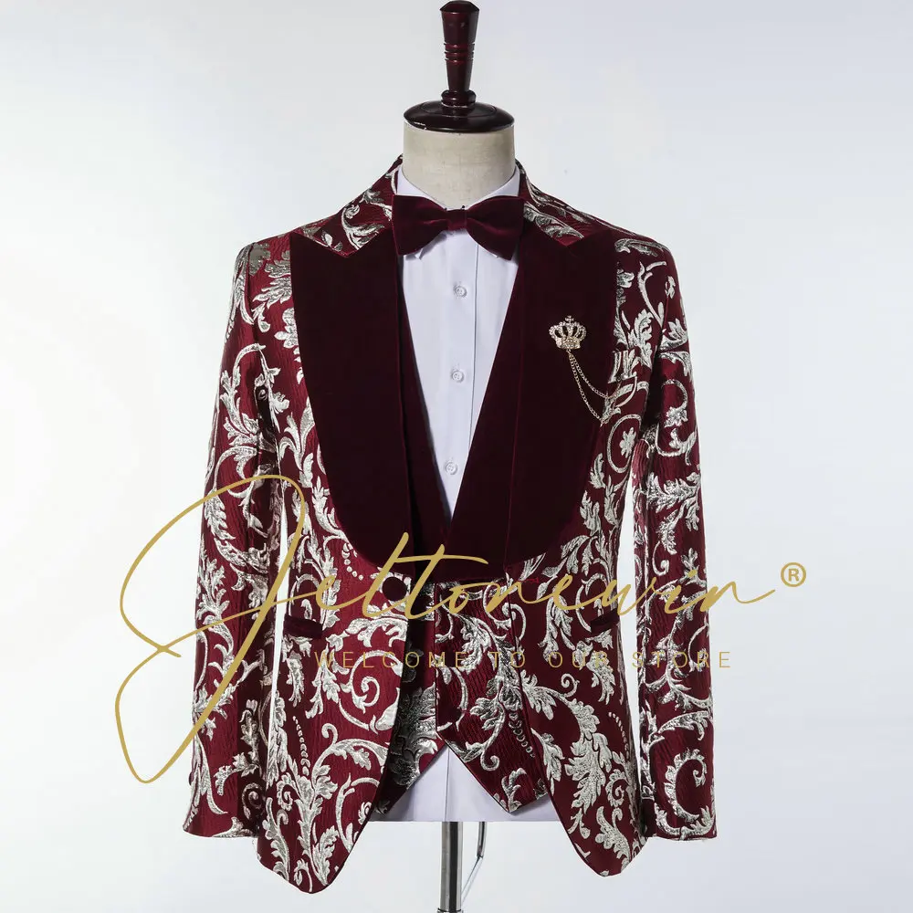 Trajes De Hombre Terno Masculino Completo Burgundy Floral 3 Pieces Men Suits For Wedding Groom Tuxedo