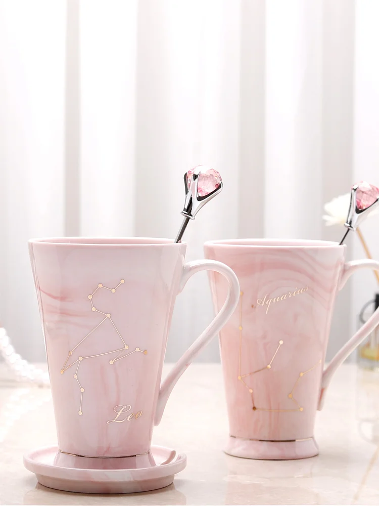 Pink Cup 12 Constellations Ceramic Cup 380ml Tea Cup With Lid Mug Cute Drinking Marbling Cup Of Coffee Diamond Crystal Spoon