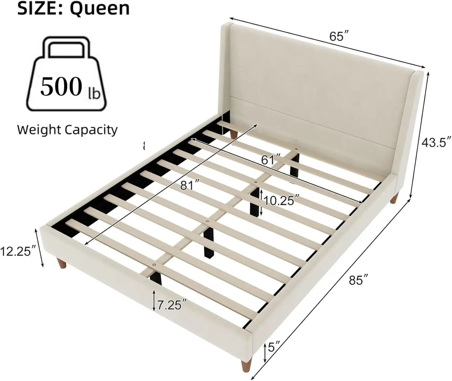 Merax Velvet Queen Size Bed Frame with Wingback Headboard, Solid Wood Upholstered Platform with Round Legs, No Box Spring Needed