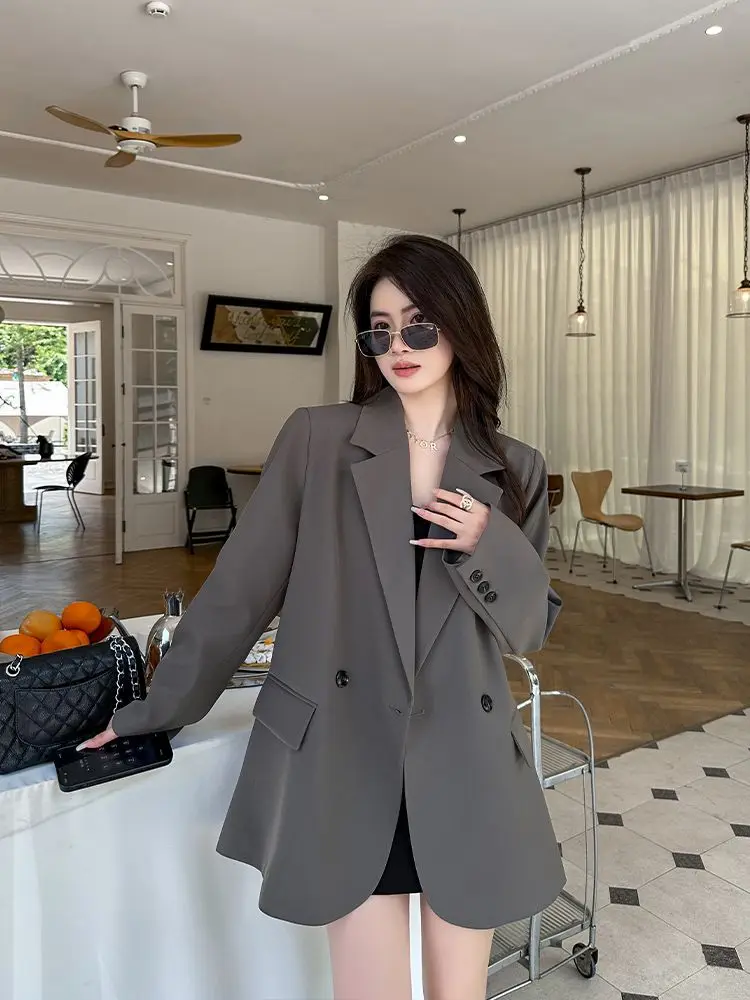 High-End Slit Gray Blazer Women\'s Petite 2024 Spring New Design Unique Jacket Sweet Female Office Lady Top Fashion High Quality