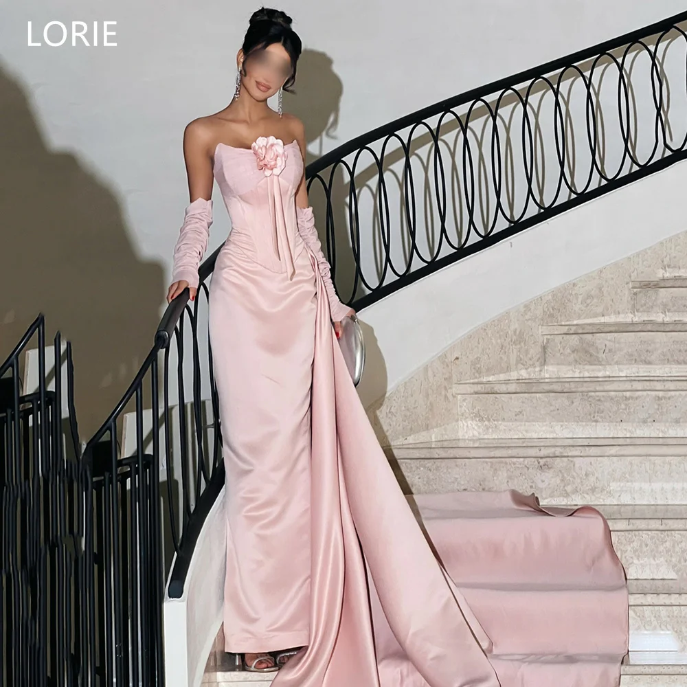 

LORIE Elegant Pink Satin Party Dresses Strapless Flower Evening Prom Dress Mermaid Slit Long Train Prom Gown Customized