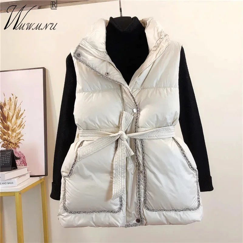 Korean Fashion Sashes Down Cotton Vests Elegant Stand Collar Sleeveless Coats Women Autumn Warm Waistcoat Slim Waist Pakas