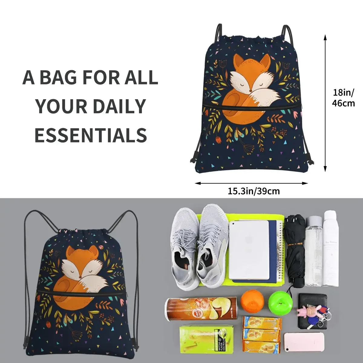 Cute Fox Flowers And Triangles Portable Backpacks Drawstring Bag Drawstring Bundle Pocket Shoes Bags For School Students