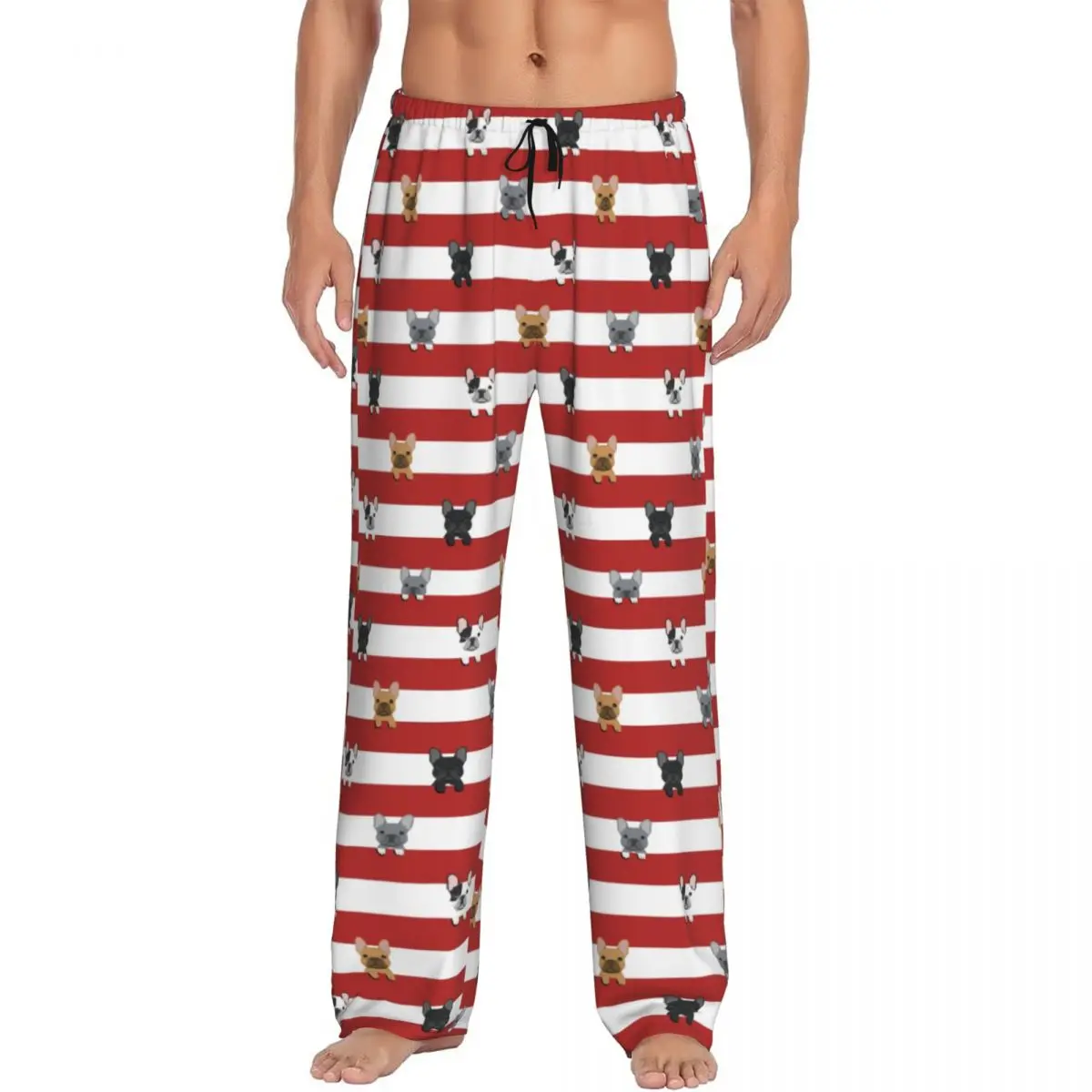 Custom Print French Bulldog Red Stripes Pajama Pants for Men Puppy Animal Pet Sleep Sleepwear Bottoms with Pockets