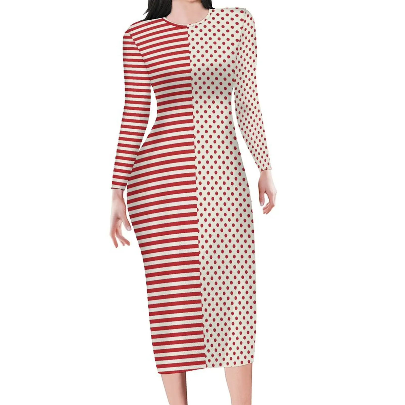 

Striped Polka Dot Dress Long Sleeve Two Tone Aesthetic Dresses Autumn Elegant Bodycon Dress Womens Graphic Oversized Vestido