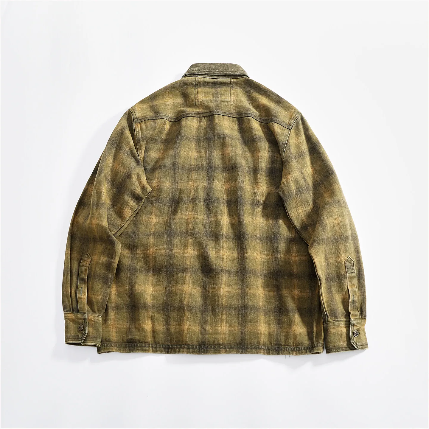 American heavyweight plaid work shirt men's washed distressed denim texture pocket lapel loose jacket trendy