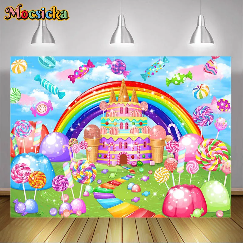 Candy Paradise พื้นหลังวันเกิดแบนเนอร์ Lollipop Ice Cream ฉากหลังทารกแรกเกิดการถ่ายภาพ Portrait Photo Studio Props