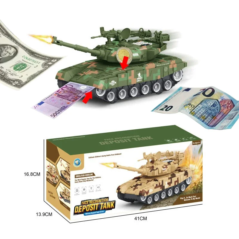 

Children's Piggy Bank, Tank Toy for kids, Military War Tank Car, Automatic roll money， with Music and light