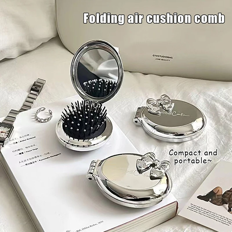 Cute Folding Massage Comb With Makeup Mirror Travel Portable Plastic Airbag Small Comb Hair Brush Bow Tie Air Cushion Comb