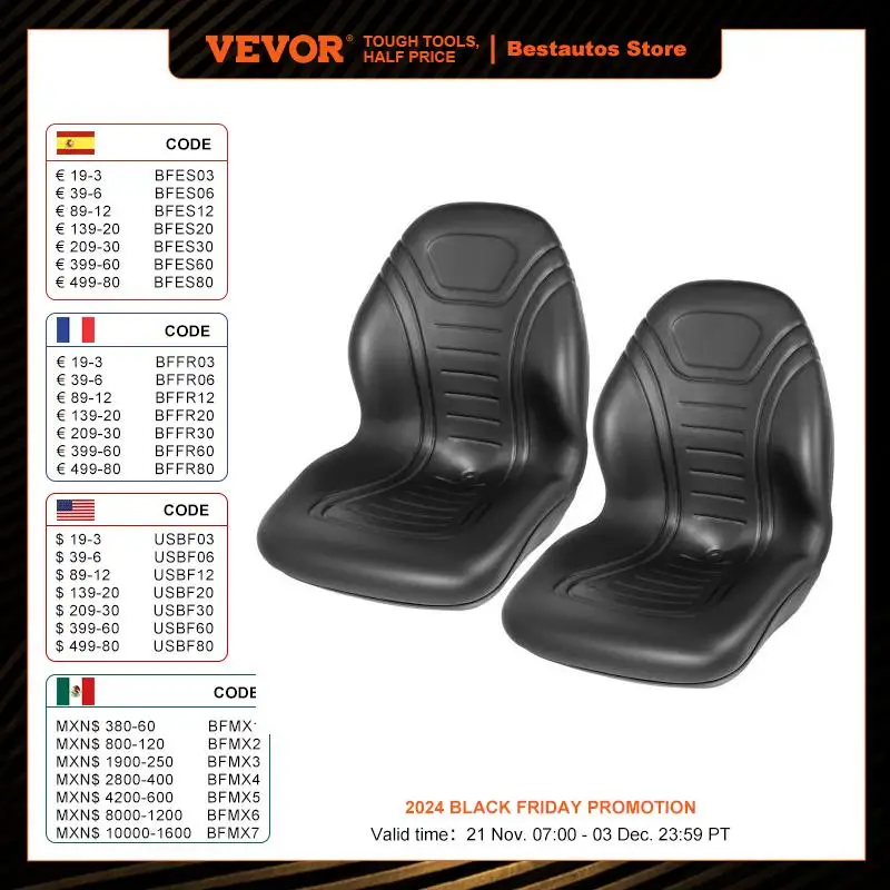 VEVOR Forklift Seat Replacement Pair 2 High Back Seats Tractor Seat Durable Vinyl Cover for Mower Excavator Wheel Loader Dozer