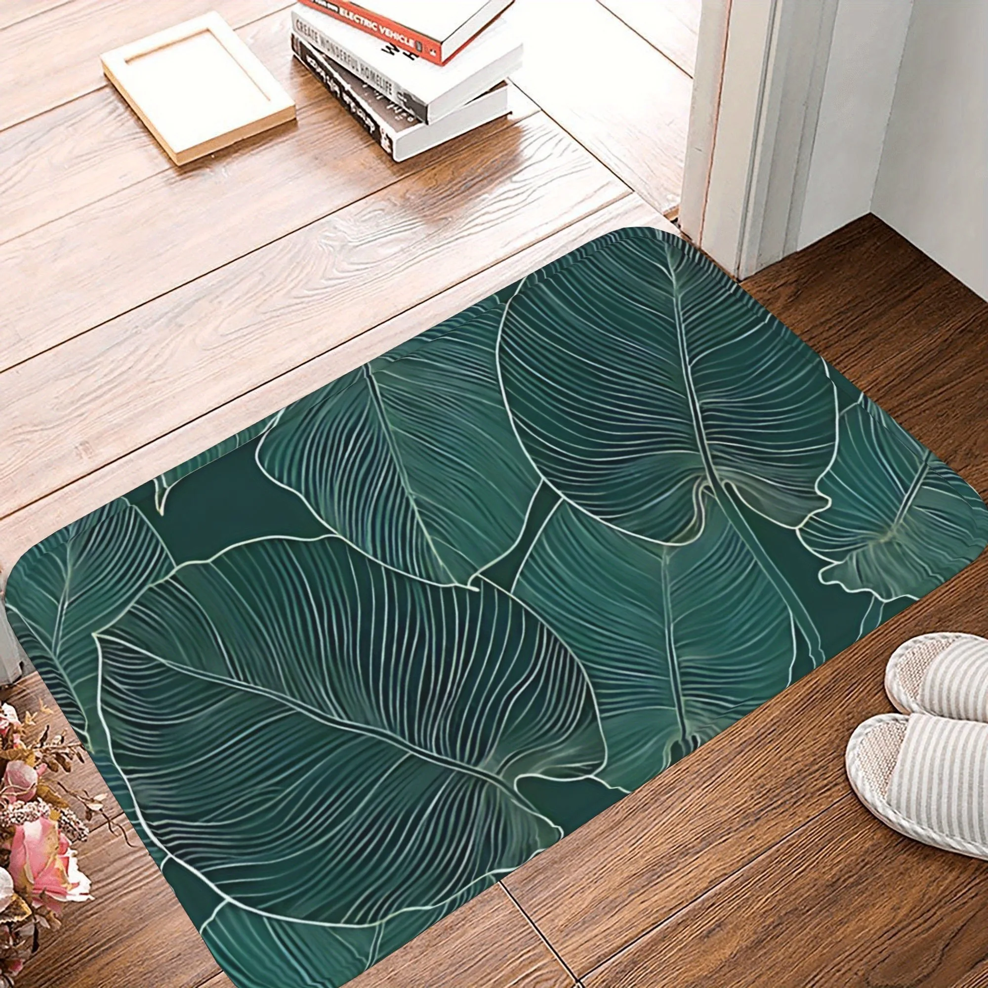 

1PC Botanical Leaf Motif Kitchen Rug Non-Slip Door Mat Pop design Bathroom Rug Bath Mat Carpet for Home Sink Laundry Decor