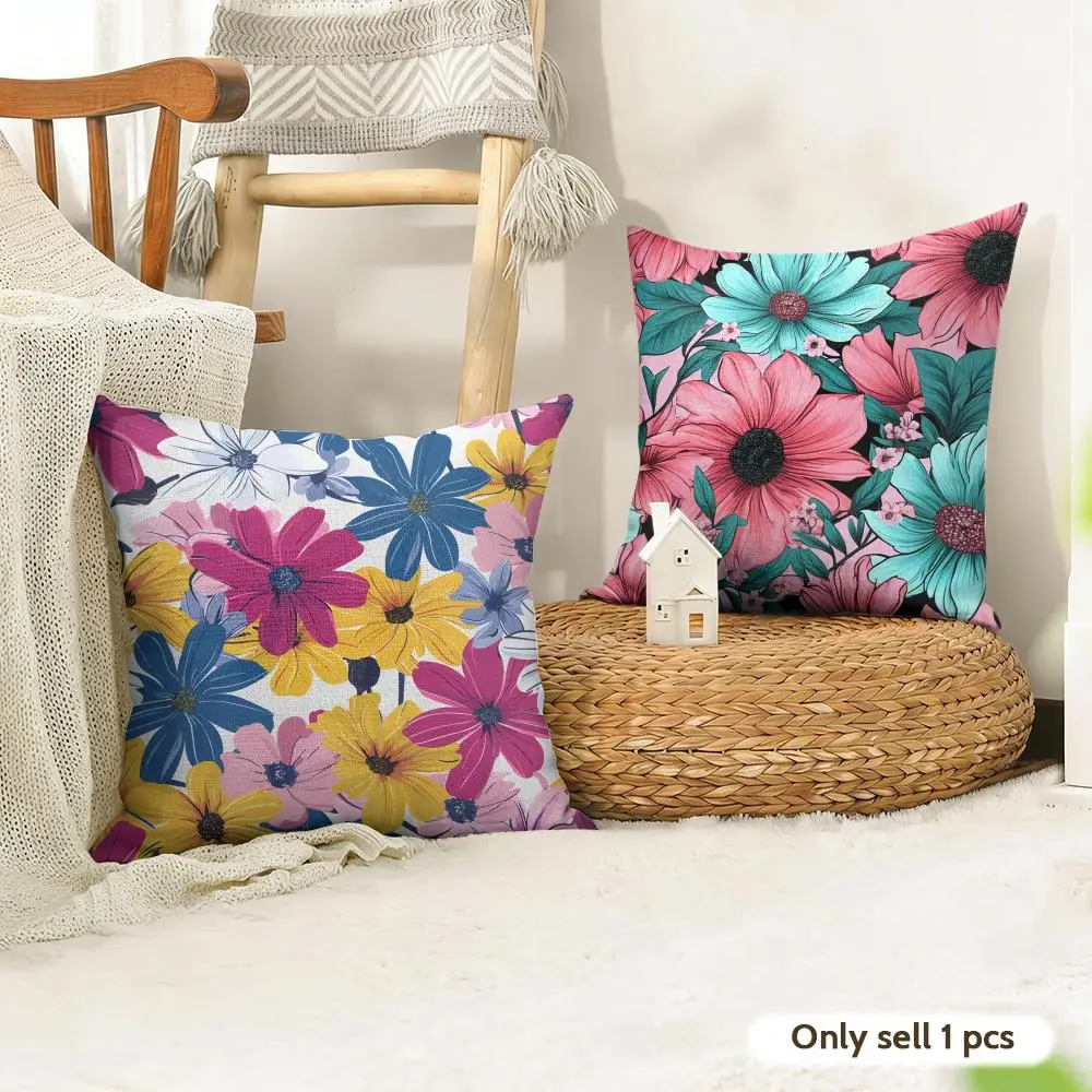 Beautiful Flowers Fashion Cushion Cover Natural Linen Organic Fabric Double-Sided Printing Room Sofa Decor Pillow Case