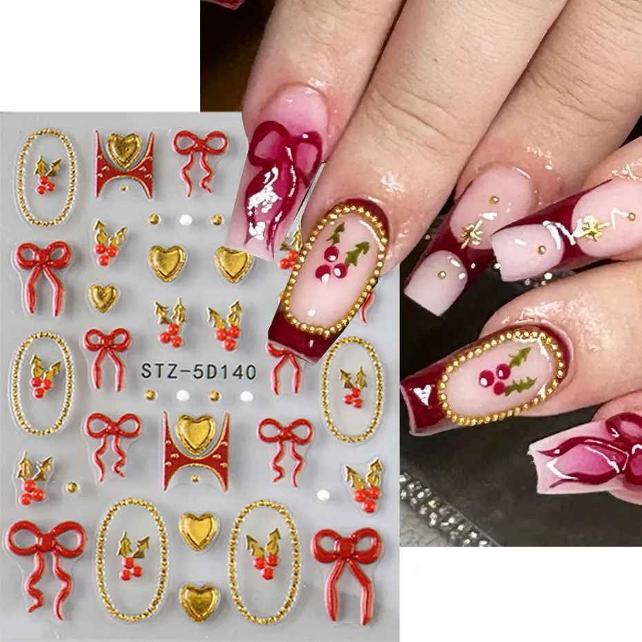 1/2 قطعة 5D لطيف تنقش Bowknot القلب المنزلق لمسمار Kawaii هولي ليف الذهبي الحب تصميم ملصق الفرنسية مانيكير اكسسوارات