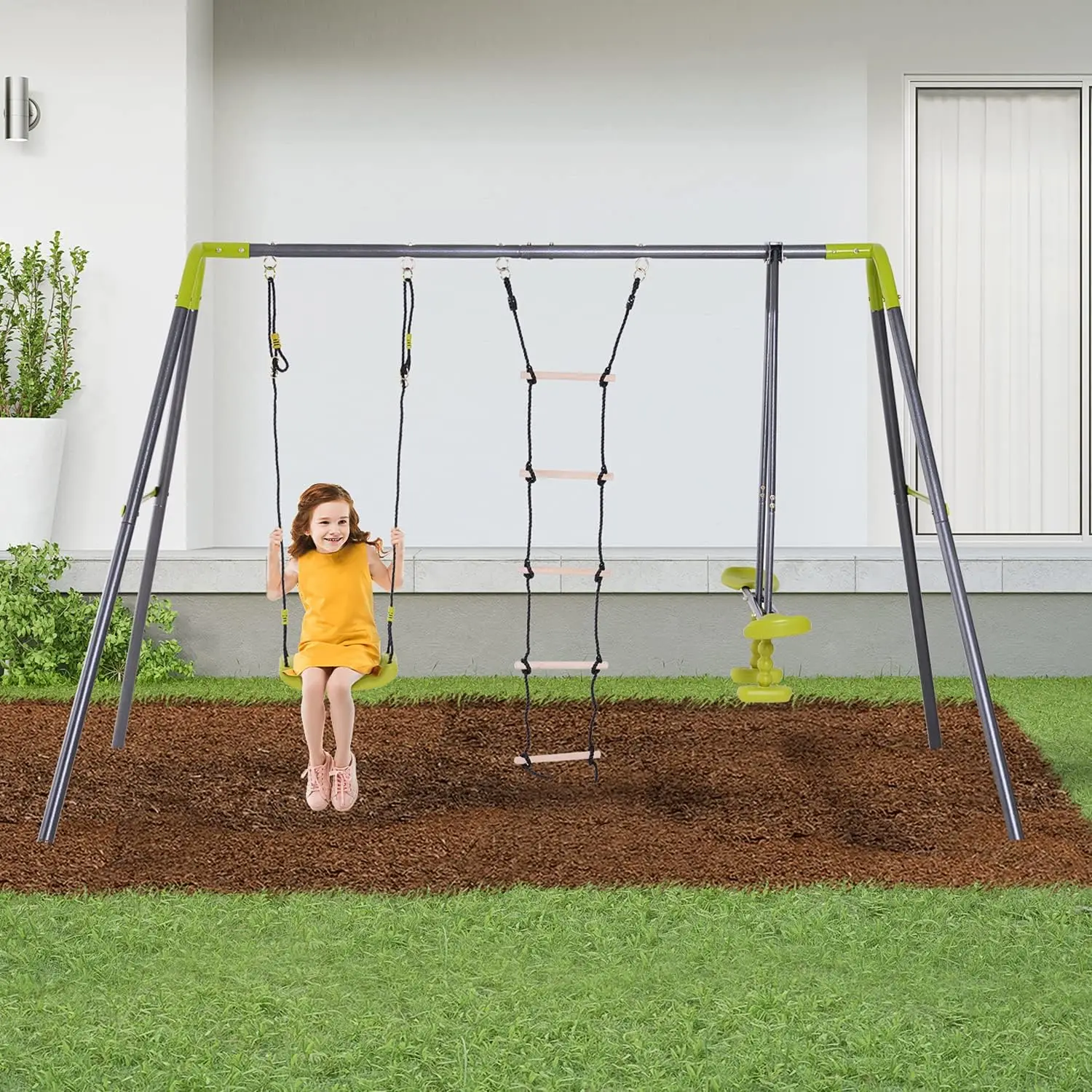 Conjunto de balanço infantil de metal 3 em 1 para quintal com assento de balanço, planador e escada de escalada, estrutura de metal resistente para 4 crianças