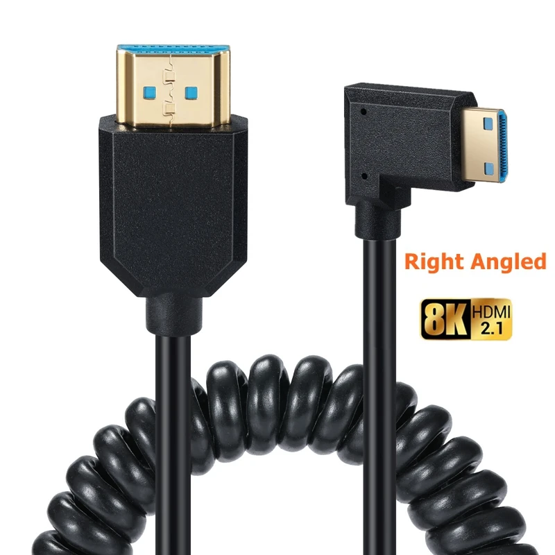 Cable de resorte compatible con Mini HDMI a HDMI, 8K, 2,1, compatible con 4K, 8K, 48Gbps, HDR, HDCP, para cámara, tableta, NUC, proyector, TV, portátil