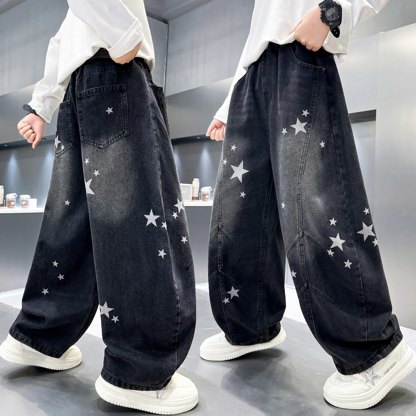 Boys Trendy Loose Jeans High Waist Cotton Polyester Blend Autumn Fashionable Breathable Comfortable Straight Leg Trousers