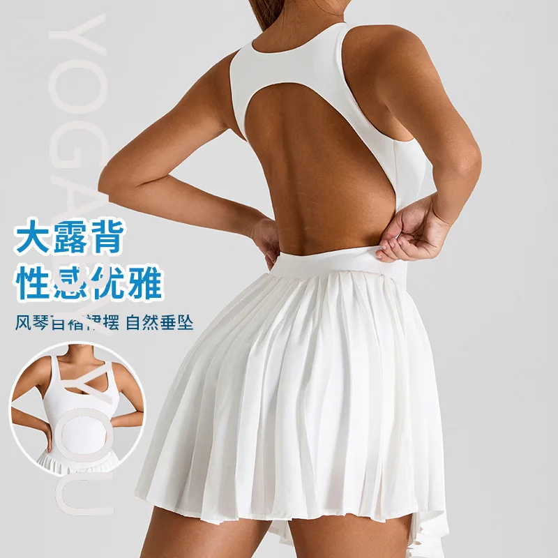

2025 new big halter back sports dress women's anti-light pleated yoga skirt outdoor fitness tennis skirt