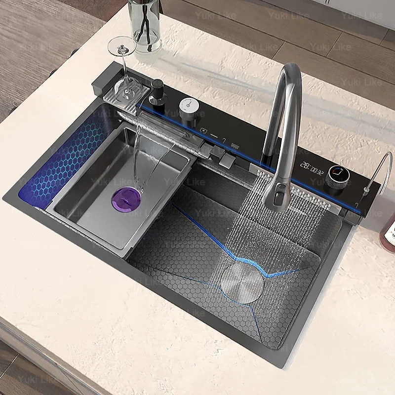 304 Stainless Steel Kitchen Waterfall Sink Digital Display Large Single Sink Dish Basin Sink With Multifunction Touch Waterfall