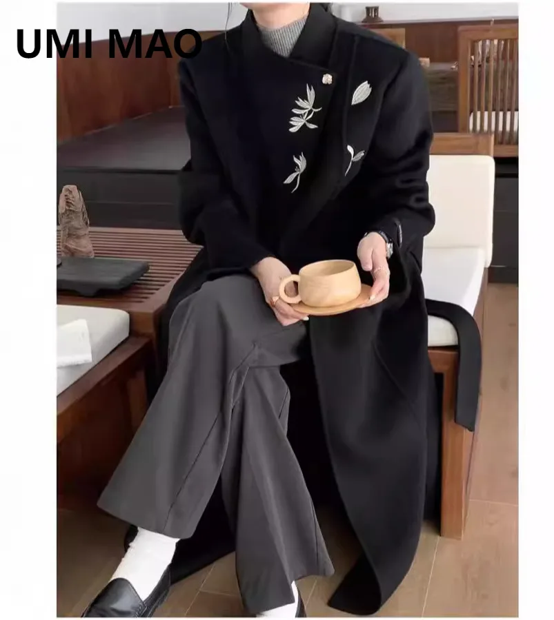 UMI MAO High-end Double-sided Wool Coat Women Wool Autumn Winter Elegant New Chinese Style Embroidered Woolen Female Overcoat