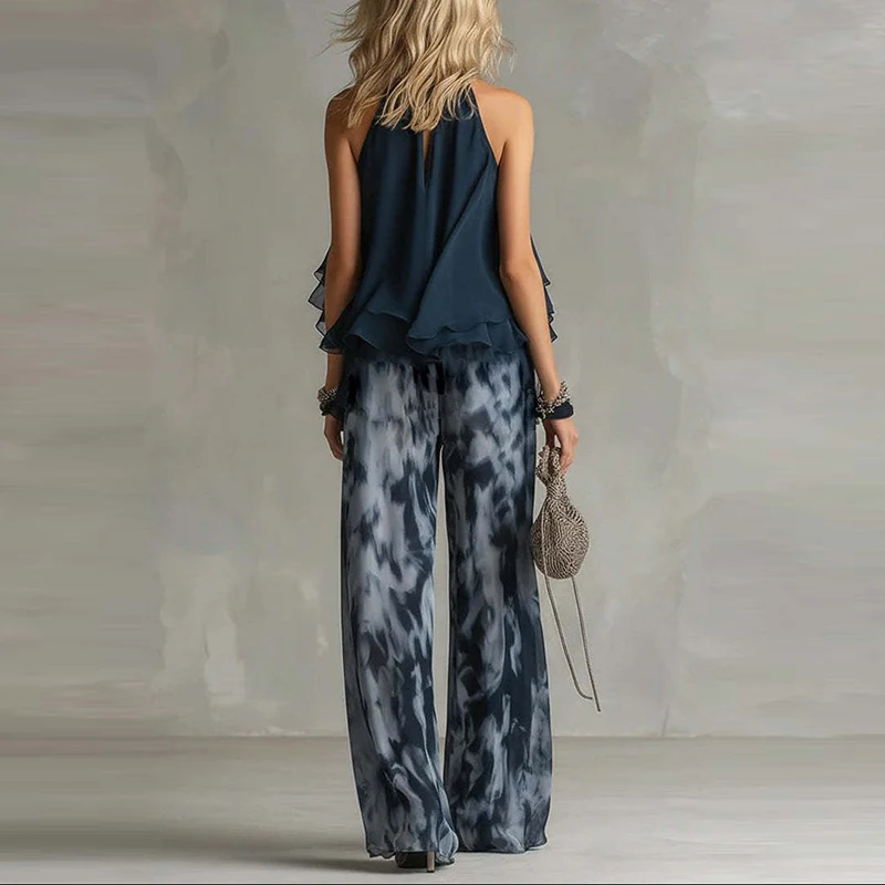 

Elegant Vintage Women's Commute Outfits Summer High Waist Long Pants Set Casual Chiffon Sleeveless Halter Tops&Printed Pants Set