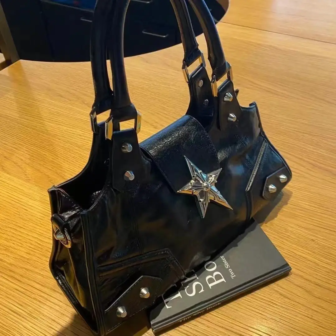 Y2K Gothic Star Girl Black Bag Women Vintage Handbag Fashion Shoulder Bag Large Capacity PU Crossbody Goth Purse Punk Tote Bags