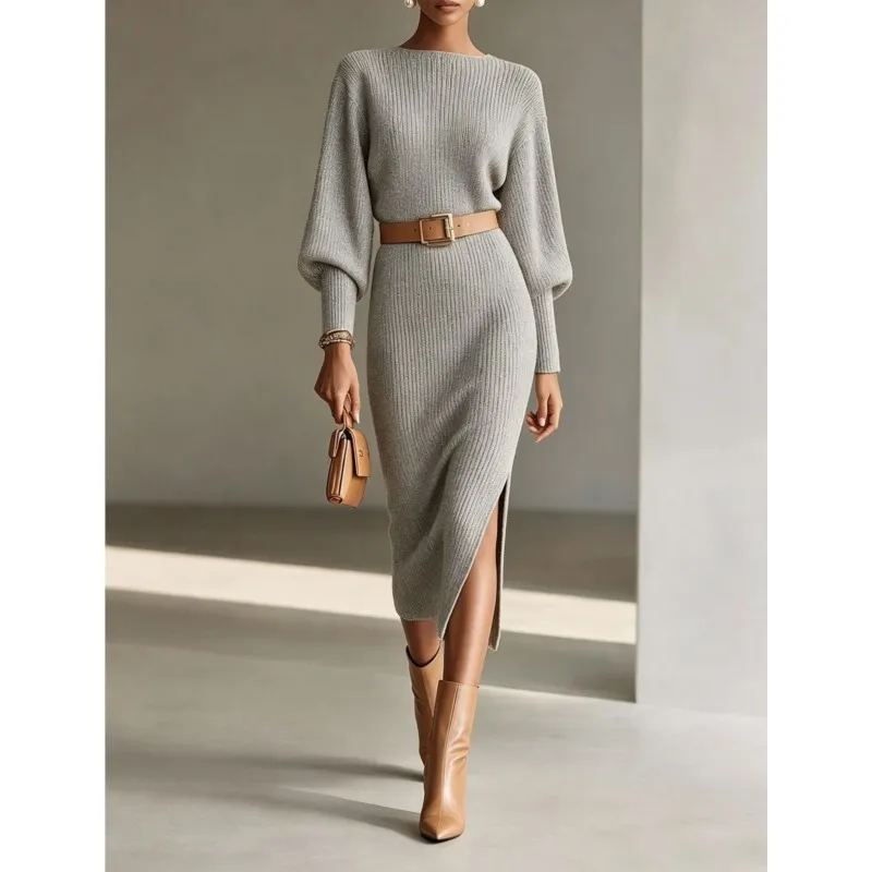 Elegant Solid High Waisted Dress With Belt Women's Autumn Winter Fashion O-neck Lantern Sleeve Dresses Casual Warm Lady Vestidos