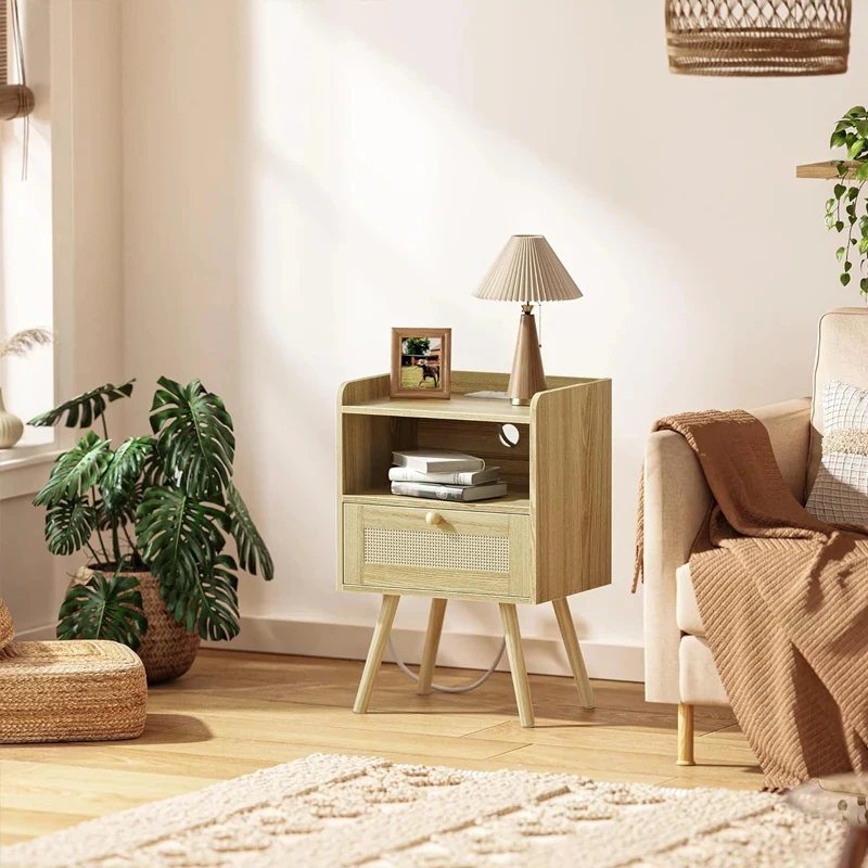 custom.Hot Selling Modern Design Wood Nightstand Bedroom Furniture with Charging Station Drawer and Quality Wood Feet Living