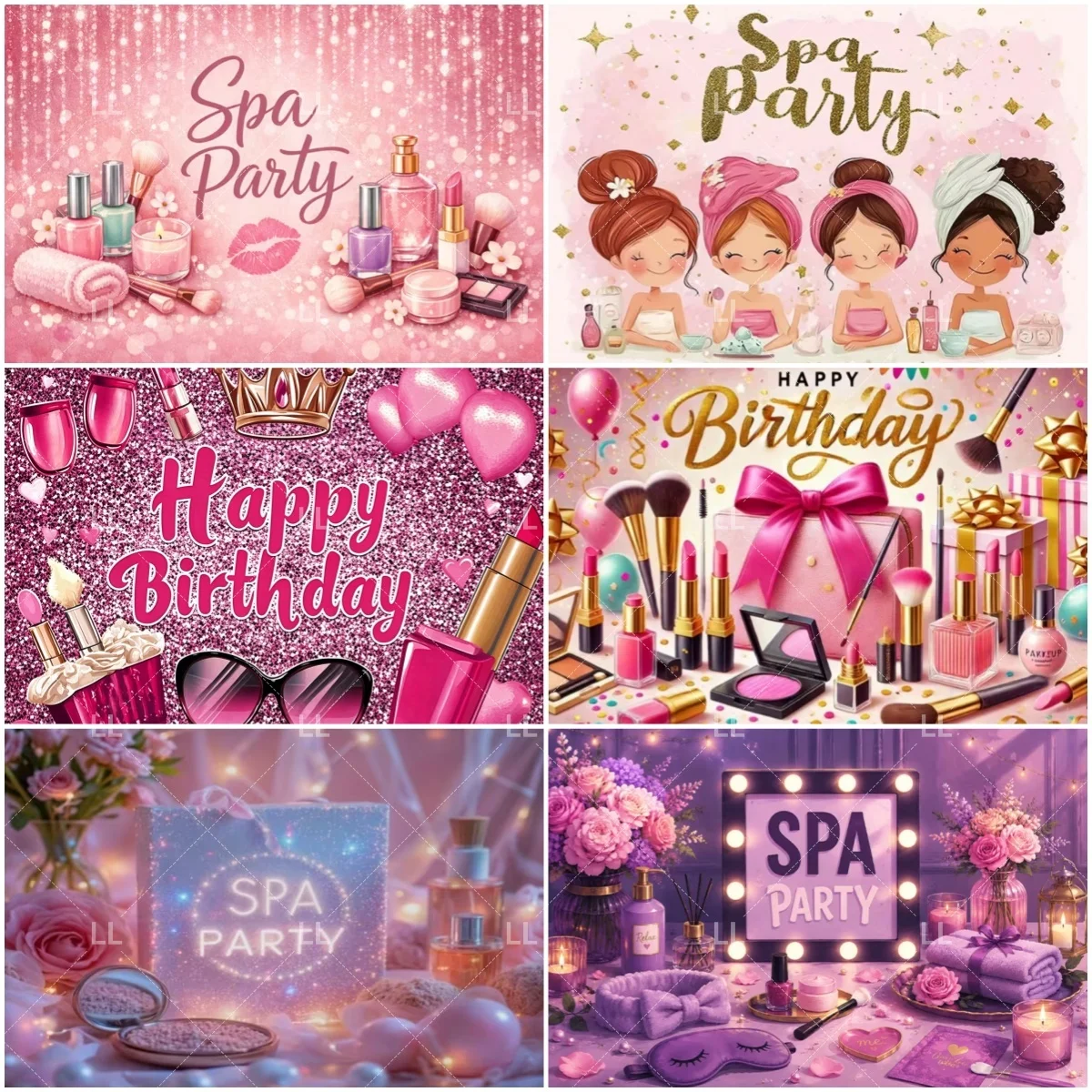 Pink Makeup Spa Makeover Background Girls Birthday Party Decoration Lipstick Cosmetic Glitter Photography Backdrop Banner Prop