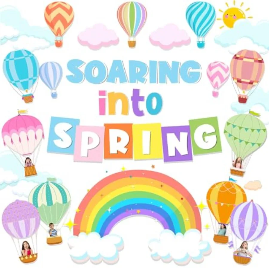 

Spring Bulletin Board Decorations Soaring Into Springs Bulletin Board includes Hot Air Balloon Rainbow Board Border and Soaring