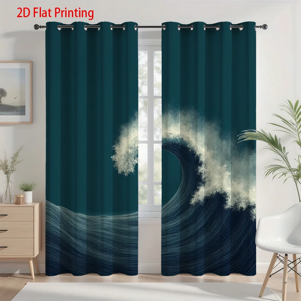 2pcs Dark Blue Ocean Wave Pattern Curtains - 2D Flat Printing, Semi-Transparent Polyester Fabric, Grommet Top Design for Living