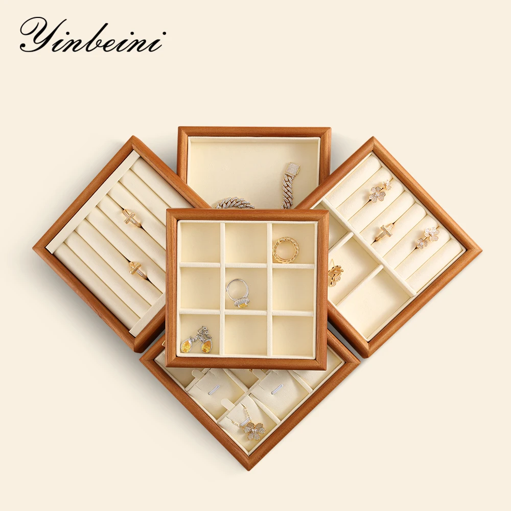 YinBeiNi Beige&Dark Gray Solid Wood Jewelry Display Tray Ring Necklace Earring Bracelet Organizer for Shop Cabinet Exhibition