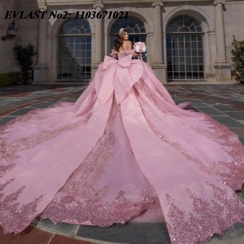 EVLAST Customized Mexican Pink Quinceanera Dress Off Shoulder Shiny Lace Applique Beading Bow Sweet 16 Vestidos 15 Anos E2QA142