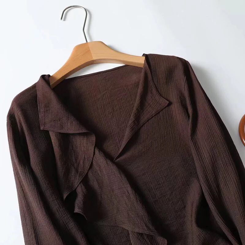 YENKYE Spring 2025 Women Brown Long Sleeve V Neck Ruffle Shirt Office Casual Blouse Blusas Mujer image 4