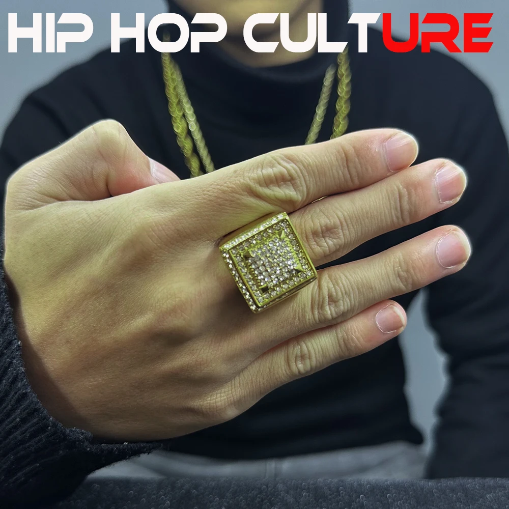 New hip-hop domineering ring, luxurious 18K gold plating, diamond inlay, suitable for street gangs, nightclub parties