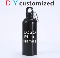 Black Color 600ML Sport Bottle DIY Customized Print LOGO Name Photo Aluminium Metal Material Carabiner Cup Outdoor Travel Biker