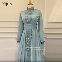 Xijun Modest Green Muslim Evening Dresses Full Sleeves High Collar Prom Dresses Moroccan Kaftan Prom Gowns Dubai Party Gown 2024