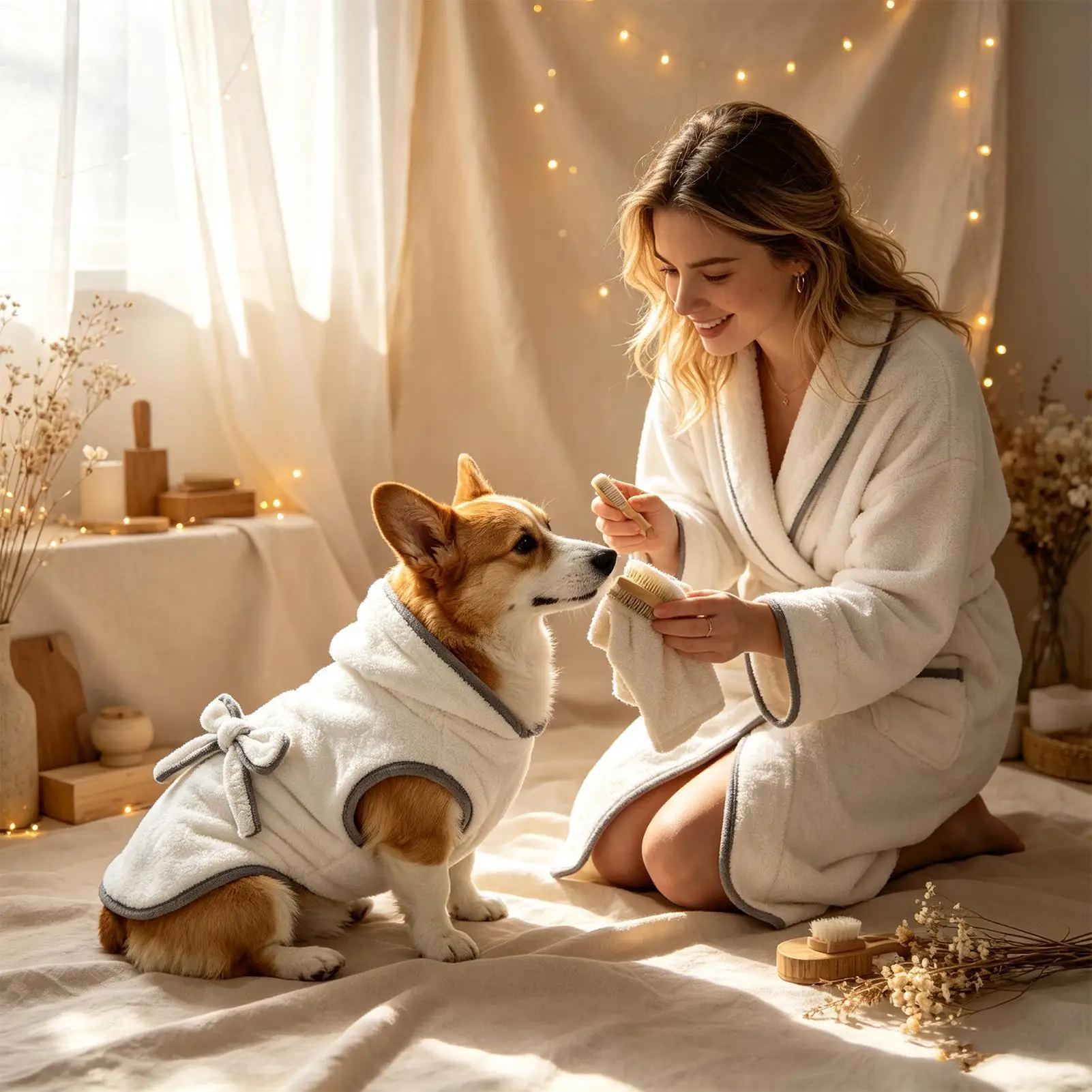 Dog Bathrobe Pet Tie Wrap Absorbent Bathrobe Pet Shower Drying Towel For Bathroom Shower Salon Home Grooming Beach Swimming